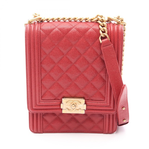 CHANEL Boy Chanel Matelasse Chain Shoulder Bag AS0130 Calfskin Red Used Women