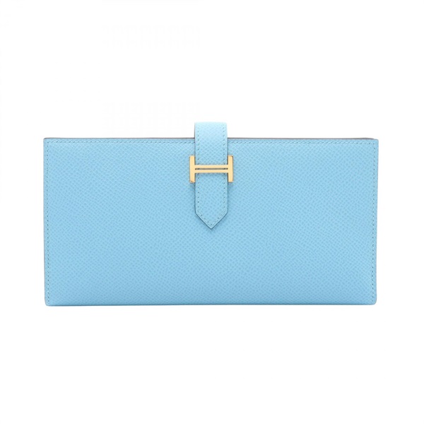 HERMES Bearn Soufflet Verso Bifold Wallet Purse leather Celeste Green GHW Used U