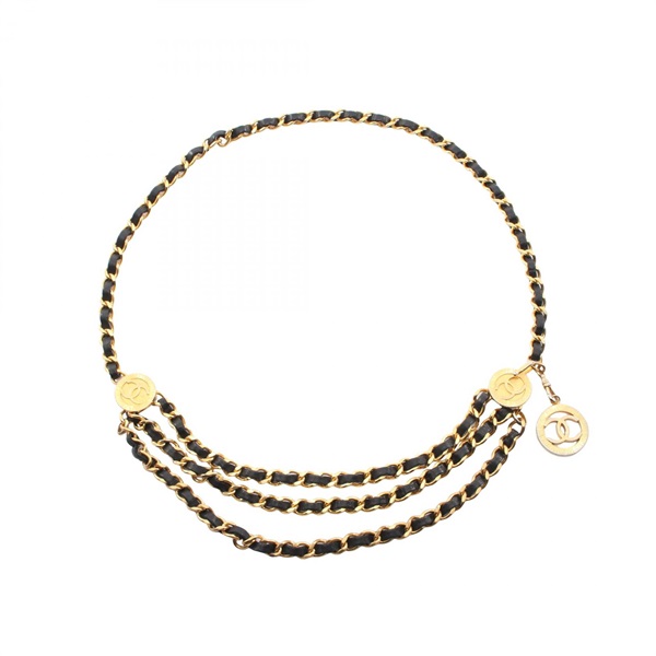 CHANEL COCO Mark Chain belt leather Gold Plated Black Used Women 88cm