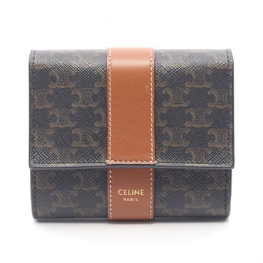 CELINE Small Triomphe Trifold Wallet Canvas Leather Black Brown Used Women