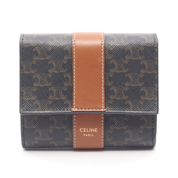 CELINE Small Triomphe Trifold Wallet Canvas Leather Black Brown Used Women
