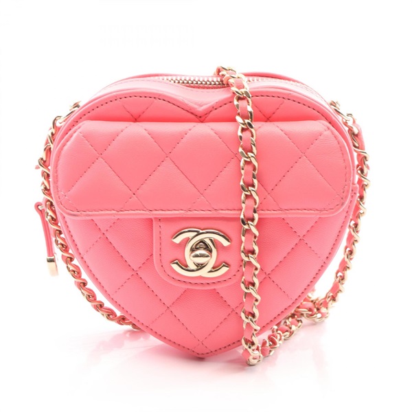 CHANEL Heart Chain Clutch Matelasse Shoulder Crossbody Bag AP2784 leather Pink