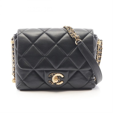 CHANEL Matelasse Small Flap Chain Shoulder Bag Lamb sheep leather Black Used GHW