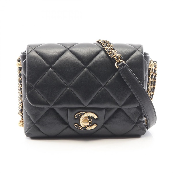 CHANEL Matelasse Small Flap Chain Shoulder Bag Lamb sheep leather Black Used GHW