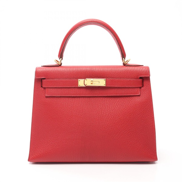 HERMES Kelly 28 Sellier Shoulder Handbag Chevre leather Rouge Vif GHW Used G