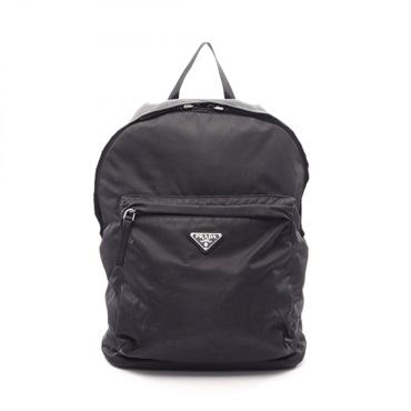 PRADA Triangle Logo Plate Rucksack Backpack Nylon Black SHW Used Women