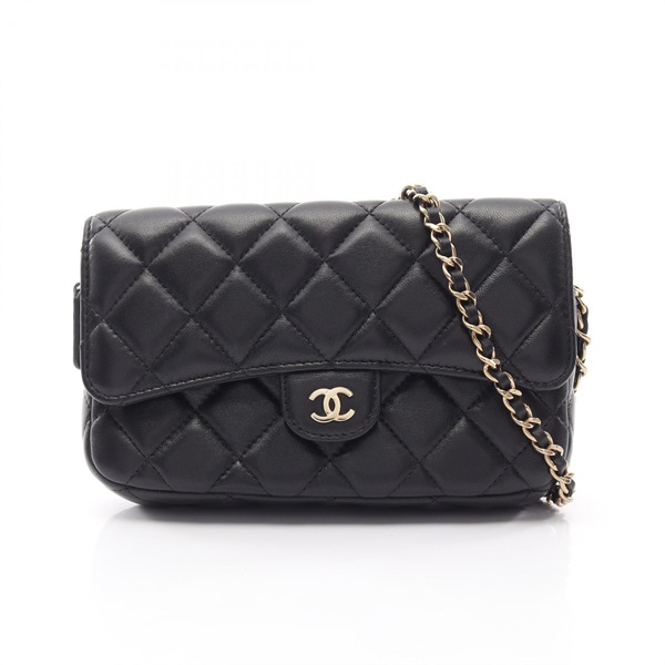 CHANEL Matelasse Chain Phone Wallet Shoulder Bag AP2096 Lamb leather Black Used