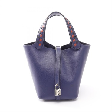 HERMES Picotin Lock PM Tresage Tote Handbag Epsom leather Blue Brique SHW Used D