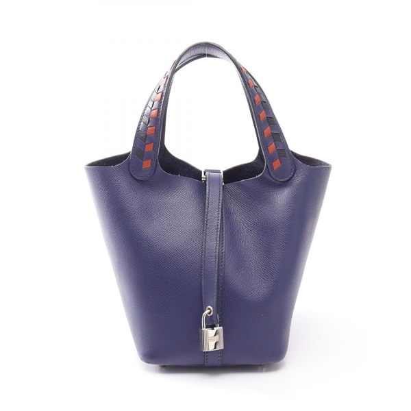 HERMES Picotin Lock PM Tresage Tote Handbag Epsom leather Blue Brique SHW Used D