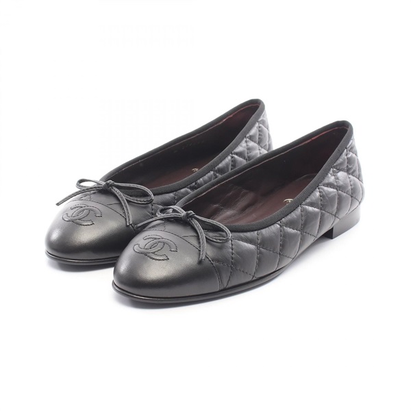 CHANEL Ballerina Matelasse Pumps Flat Shoes #37 1/2 leather Black Women Coco CC