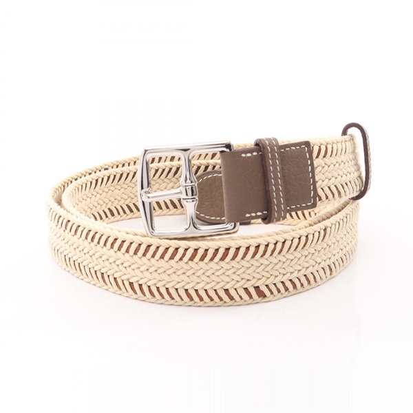 HERMES Etriviere Belt Ceinture canvas leather Beige Brown Gray Used #100cm O
