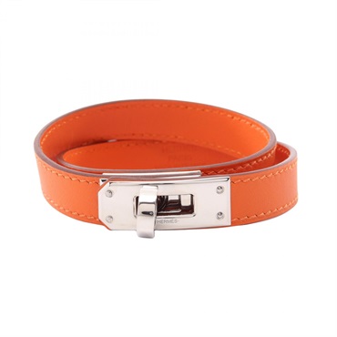 HERMES Kelly Bracelet Double Tour Bangle leather Stainless Steel Orange Used B