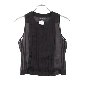CHANEL Sleeveless Pleated Blouse Top #36 P20804V07411 silk Black Used Women CC