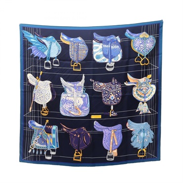 HERMES Carre 90 TOUS EN SELLE Scarf Stole Wrap Shawl silk Navy Multicolor Used