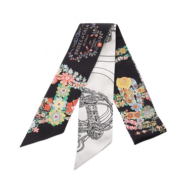 HERMES Twilly Brides de Gala en Fleurs Ribbpn Scarf Stole Wrap silk Black Used