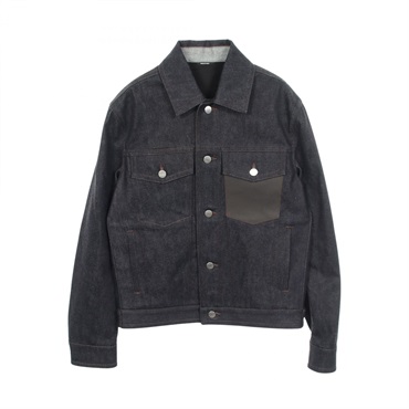 HERMES Sellier Buttons Leather pockets Denim Jacket #44 Blouson cotton Navy Used