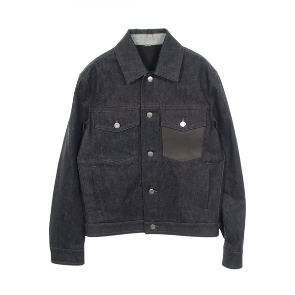 HERMES Sellier Buttons Leather pockets Denim Jacket #44 Blouson cotton Navy Used