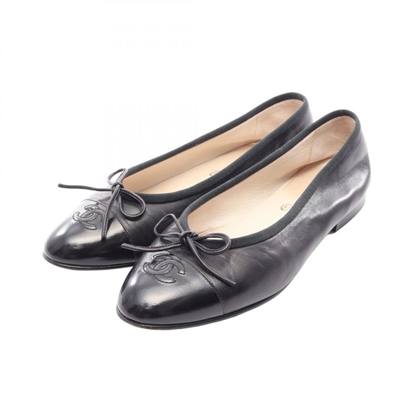 CHANEL COCO Mark Flat Pumps Shoes #38 leather Black Used Women CC