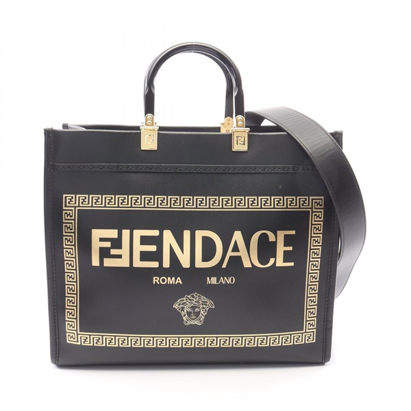 FENDI VERSACE SUNSHINE MEDIUM Shoulder Tote Handbag 8BH386 leather Black Used