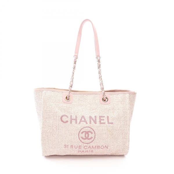 CHANEL Deauville Chain Tote Shoulder Bag A67001 Fabric leather Pink GHW Used CC