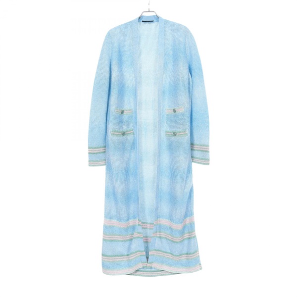 CHANEL COCO Mark Button Long cardigan Linen Cotton Blue Green Used Women #42