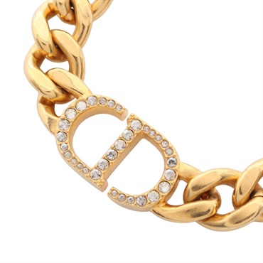 Christian Dior CD logo Necklace Pendant Gold Plated Rhinestone Clear Used Women