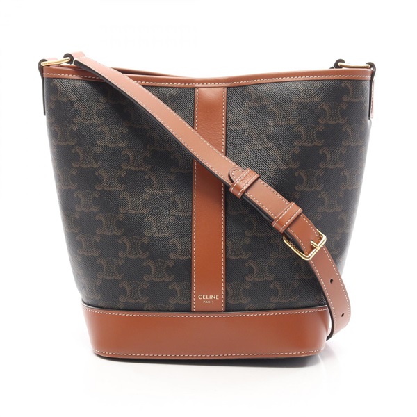 CELINE Small Bucket Triomphe Shoulder Bag canvas leather Black Brown Used Women