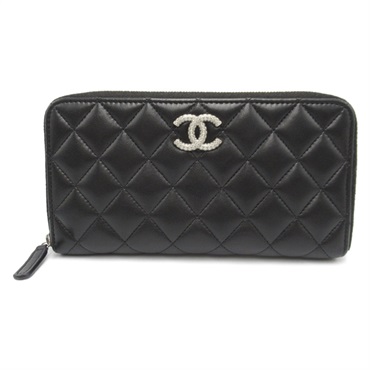 CHANEL Round long wallet matelasse Lamb sheep leather Black Used Women SHW CC