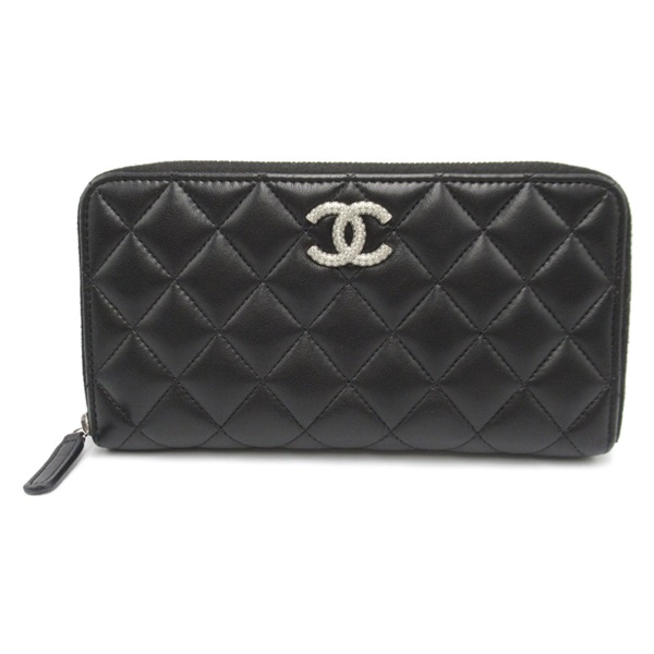 CHANEL Round long wallet matelasse Lamb sheep leather Black Used Women SHW CC