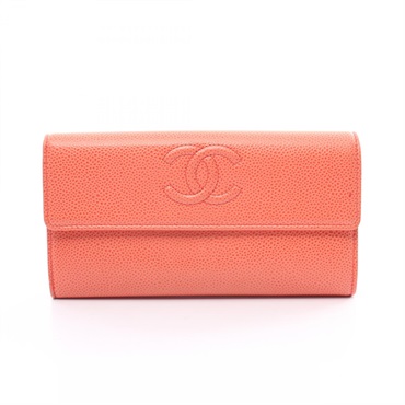 CHANEL COCO Mark Bifold long wallet Purse Caviar skin Orange Used Women CC