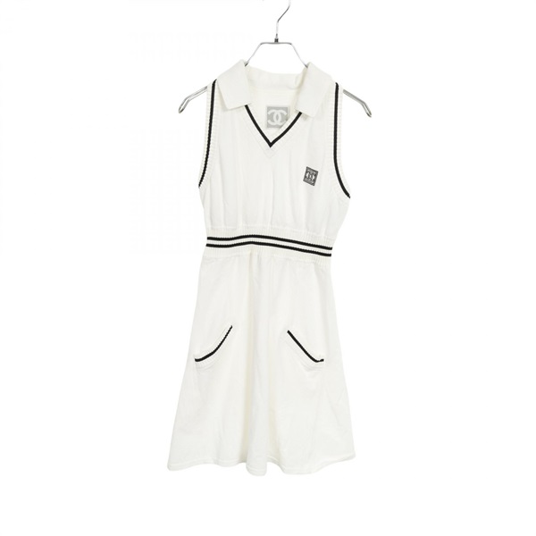 CHANEL Sports Sleeveless Dress P23627 cotton White Black #38 Used Women