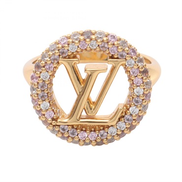 LOUIS VUITTON Louise Tresor Ring Gold Plated Rhinestone Pink Used Size 9 LV