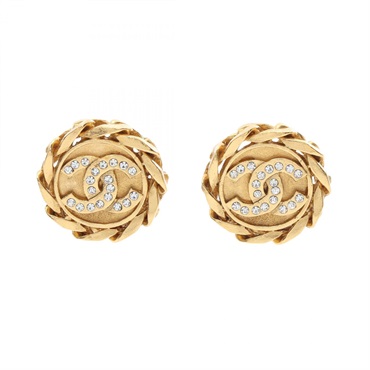 CHANEL COCO Mark round clip Earring Gold Plated Rhinestone Clear Used