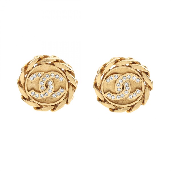 CHANEL COCO Mark round clip Earring Gold Plated Rhinestone Clear Used
