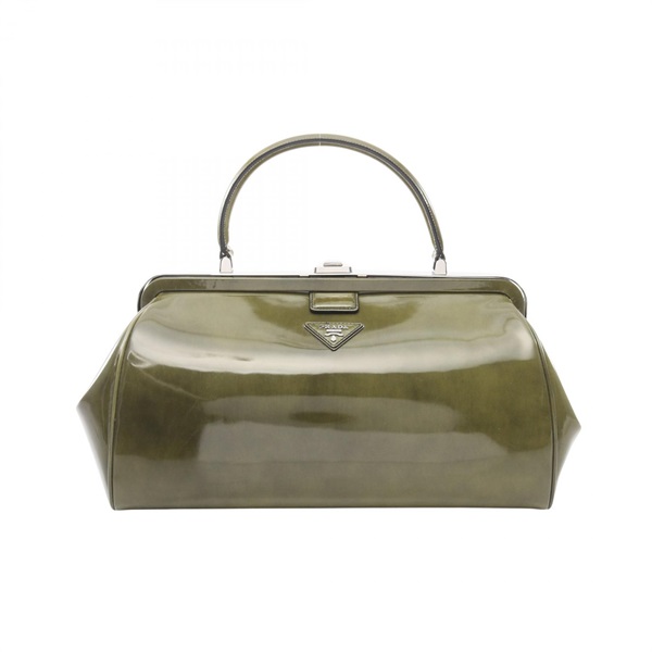 PRADA Triangle logo Handbag leather Khaki Used Women