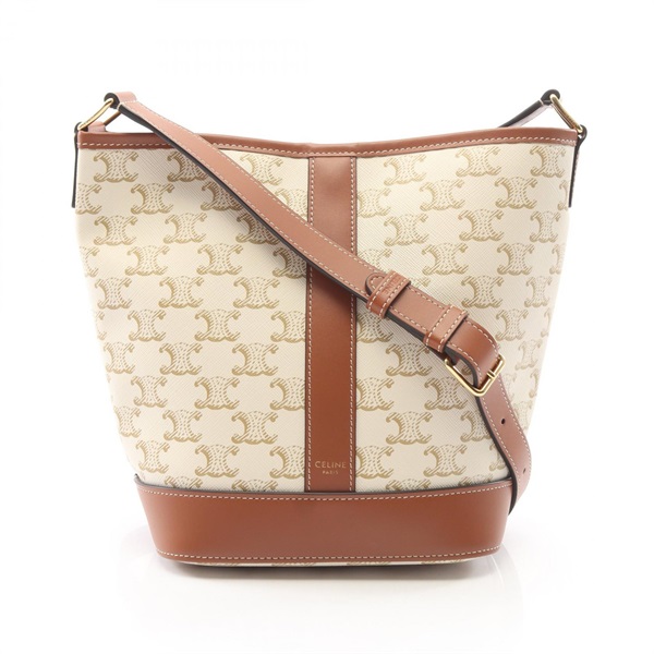 CELINE Small Bucket Triomphe Shoulder Bag canvas leather White Brown Used Women