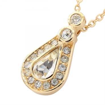 Christian Dior Teardrop Necklace Pendant Gold Plated Rhinestone Used Women