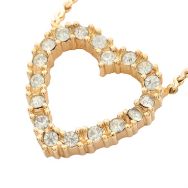Christian Dior Open Heart Necklace Pendant Gold Plated Rhinestone Used Women