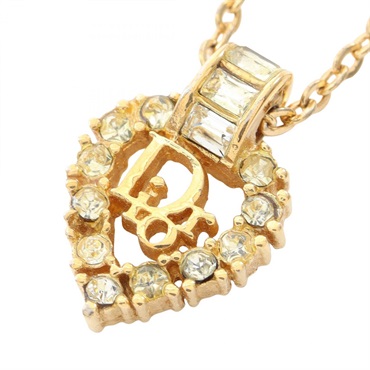 Christian Dior Logo Heart Necklace Pendant Gold Plated Rhinestone Used Women