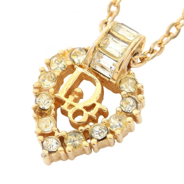 Christian Dior Logo Heart Necklace Pendant Gold Plated Rhinestone Used Women