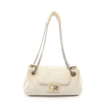 CHANEL 2.55 Punching Chain Shoulder Bag Leather White Used Women SHW CC Coco