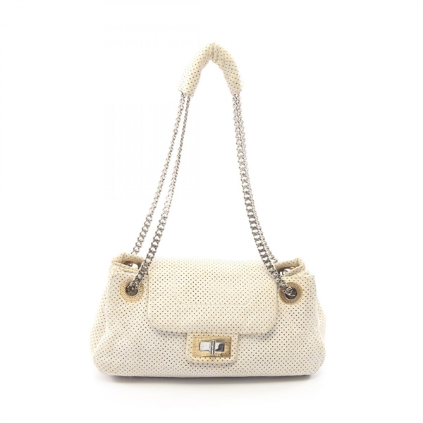 CHANEL 2.55 Punching Chain Shoulder Bag Leather White Used Women SHW CC Coco