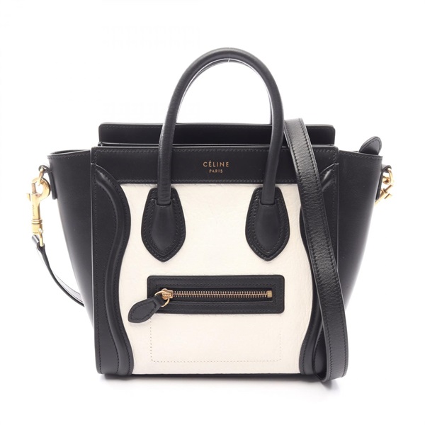CELINE Luggage Nano Shopper 2WAY Shoulder Handbag 189243 leather Black White Used