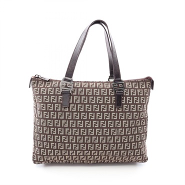 FENDI Zucchino Tote Hand Bag canvas leather Brown Beige Used Women