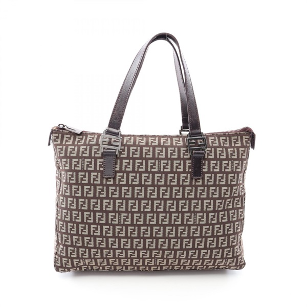 FENDI Zucchino Tote Hand Bag canvas leather Brown Beige Used Women