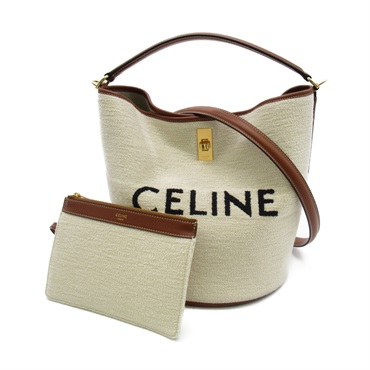 CELINE Bucket 16 2way Shoulder Bag 195572ERH cotton Calfskin White Brown Used
