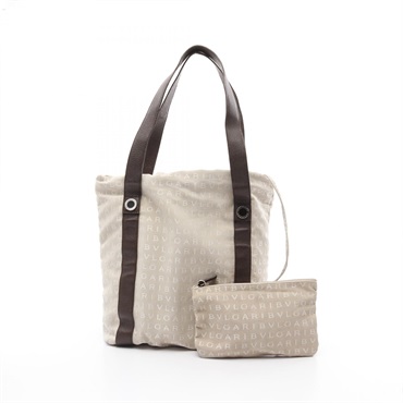 BVLGARI Logo mania Shoulder Tote Bag canvas leather Beige Brown Used Women