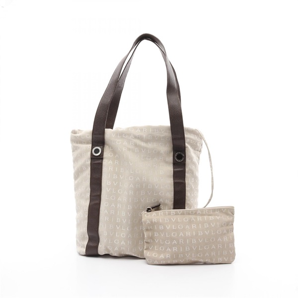 BVLGARI Logo mania Shoulder Tote Bag canvas leather Beige Brown Used Women