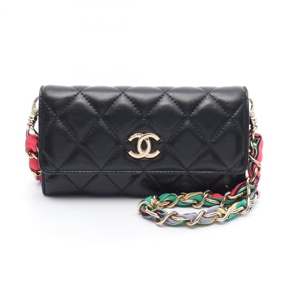 CHANEL Matelasse Crossbody Chain Shoulder Bag Leather Black GHW Used Women