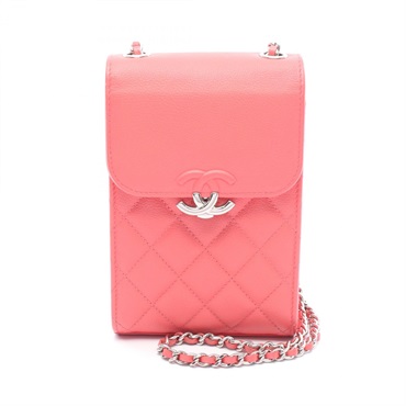 CHANEL Half CC Logo Matelasse Phone Case Chain Shoulder Bag Calfskin Red SHW